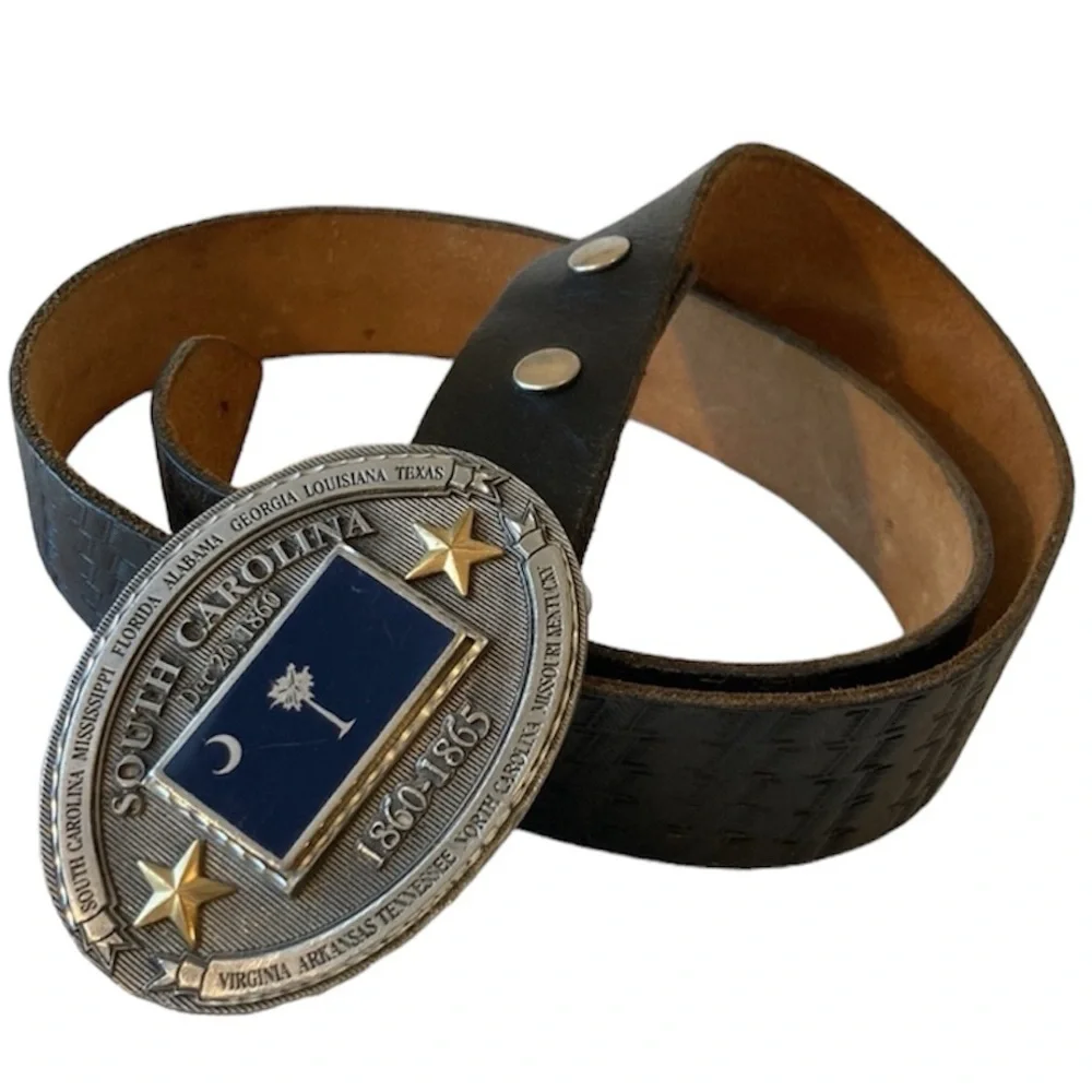 Vintage SC Confederate State History Belt & Buckle Black Leather, 1999
